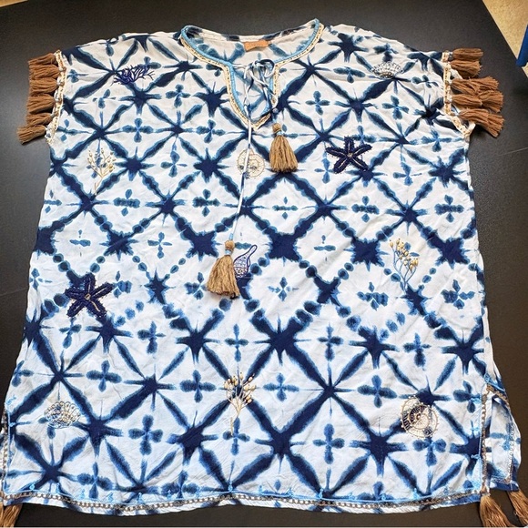 Skemo Short Kaftan tie dye blue embroidery tassels fringe tunic sea shells Large - Picture 1 of 11